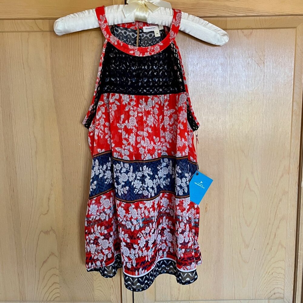 Sheer print tank top with lace detail